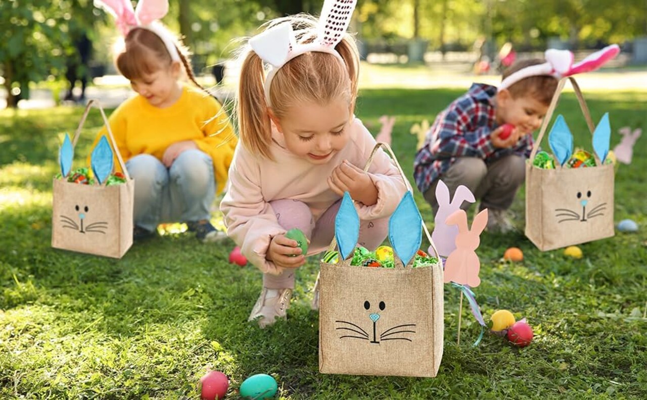 Easter Baskets Bunny Bags Burlap Rabbit Tote Bags Pink for Eggs Hunt Kids Toddler Boys Girls